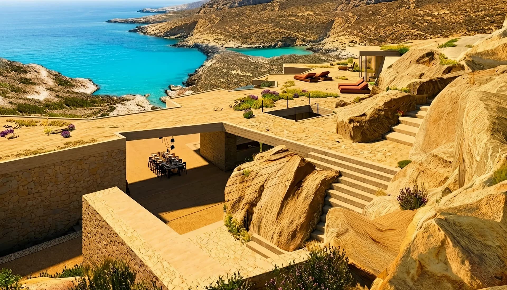 A contemporary clifftop villa overlooking a turquoise bay in the Greek islands